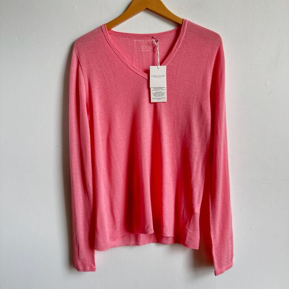 NWT MAJESTIC FILATURES Pink Cashmere V-neck Top